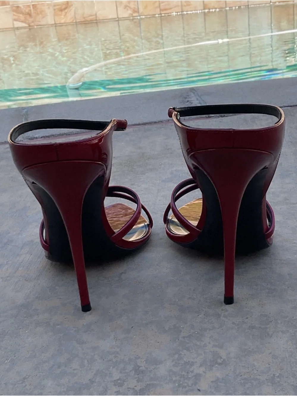 Saint Laurent Burgundy Patent Leather Strappy Pointed-Toe Heels - Picture 2 of 7